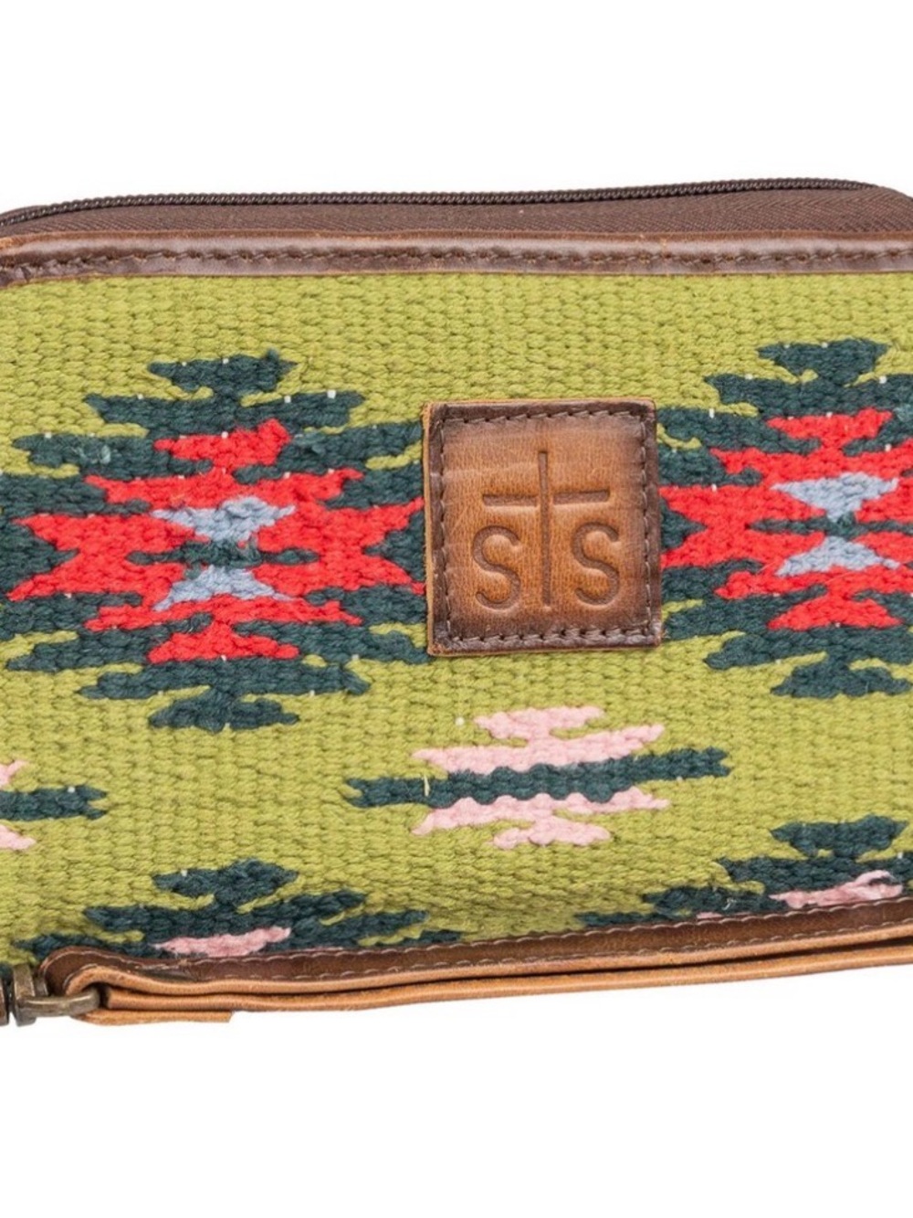 STS Ranchwear Green Southwestern Pattern Zip Wallet with Red & Pink Accents